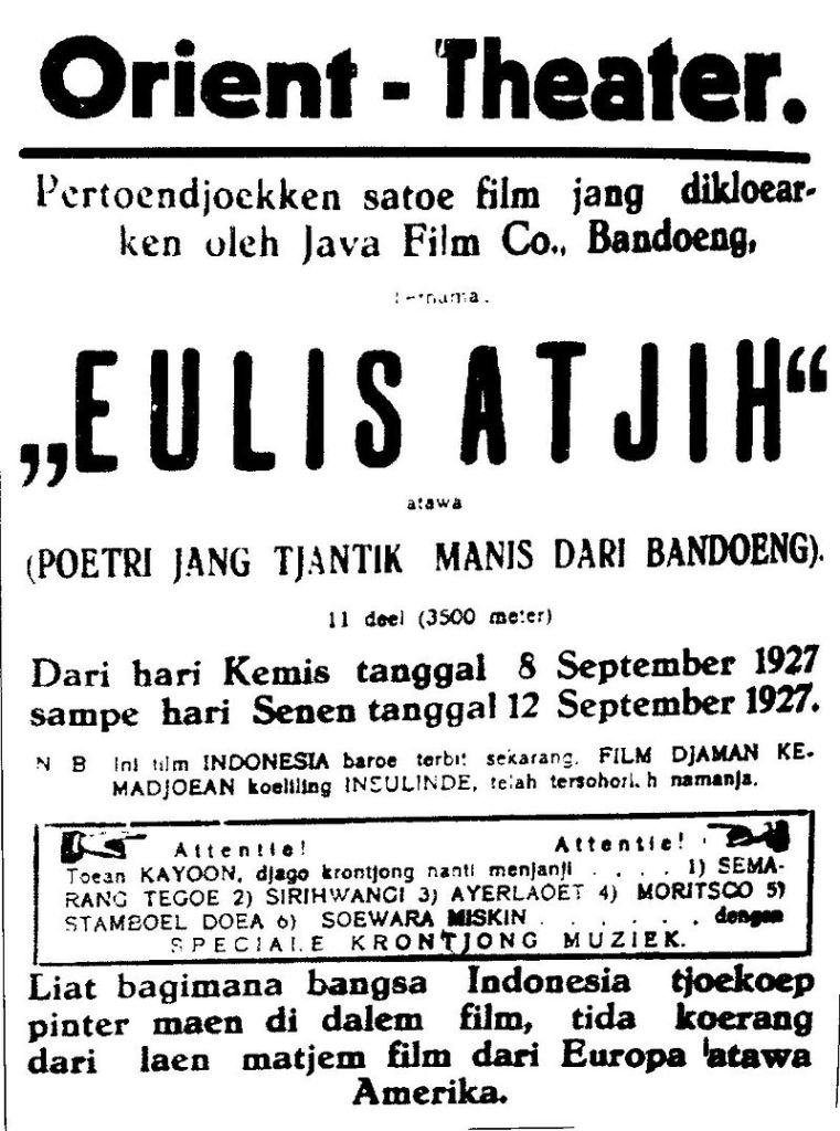Newspaper advertisement for the film Eulis Atjih